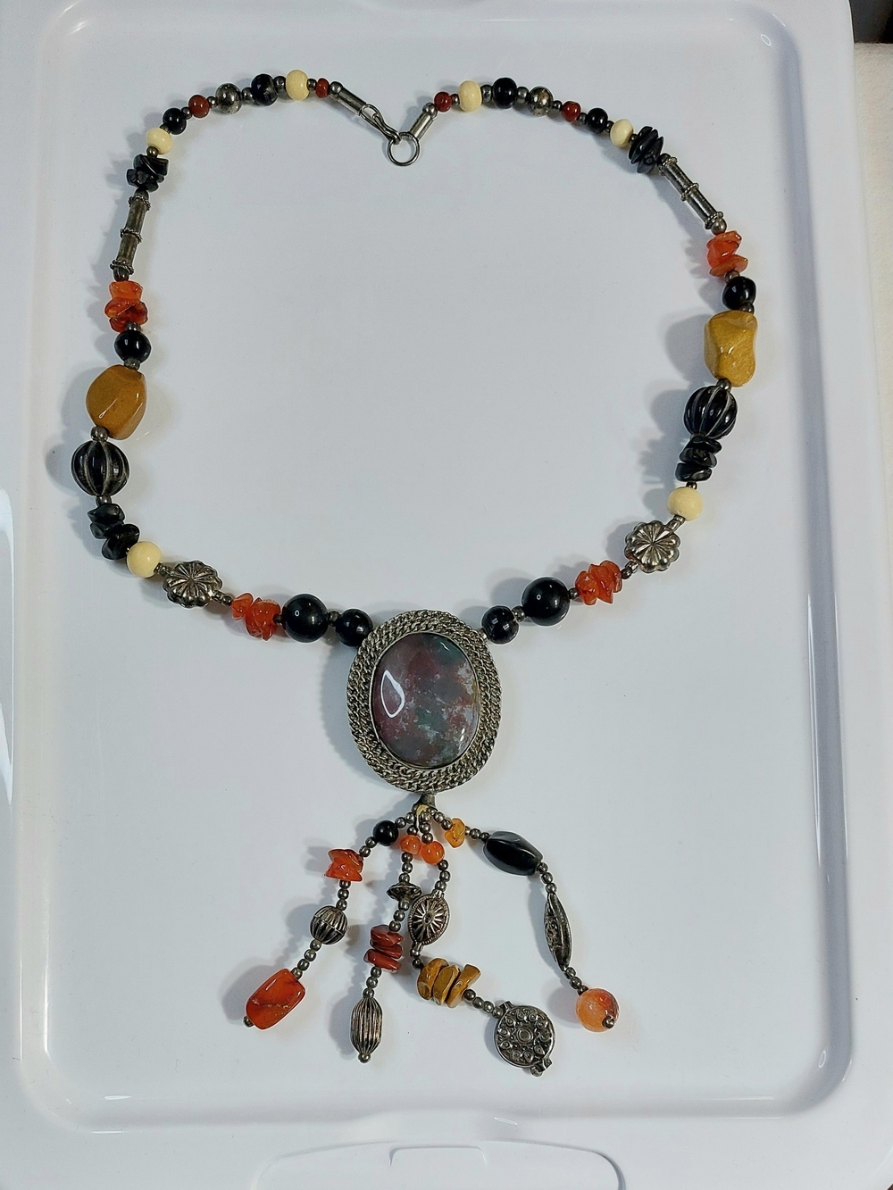 Artisan Multicolor Stone Pendant Necklace with Orange & Black Beads